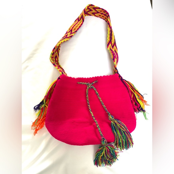 Boho Woven Wayuu Mochila Bucket Bag Crossbody Purse Colombian Hot Pink - Picture 5 of 7